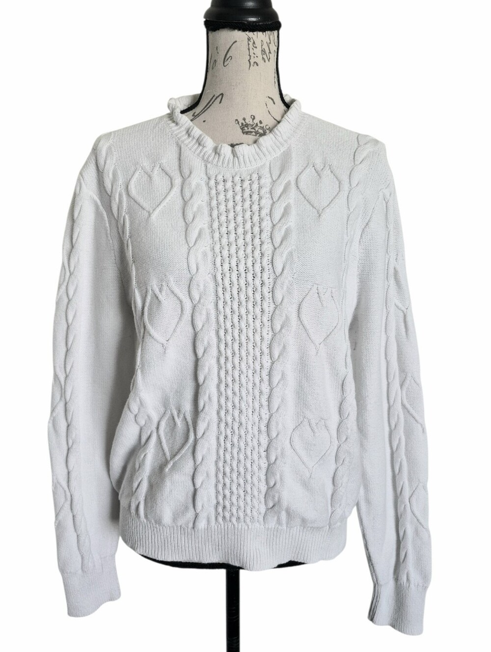 J. Crew Factory Cable Knit Hearts Crewneck Sweater Cotton Size L Ivory Cottage